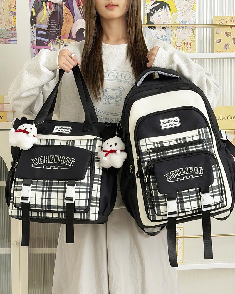 Schoolbag High Value Contrasting Color Plaid Schoolbag Junior High School Student Large Capacity Computer High School Student Backpack Campus