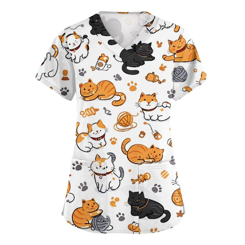Women's Casual Short-Sleeve Cute Animal Print V-Neck Pocket Workwear Top