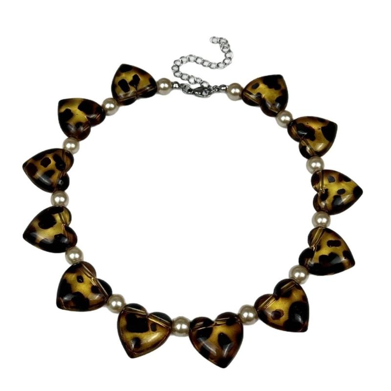 

Artisanal Leopard Inspired Heart Jewelry Acrylic Pearls Chain Contemporary Design For Fashion Forward Women