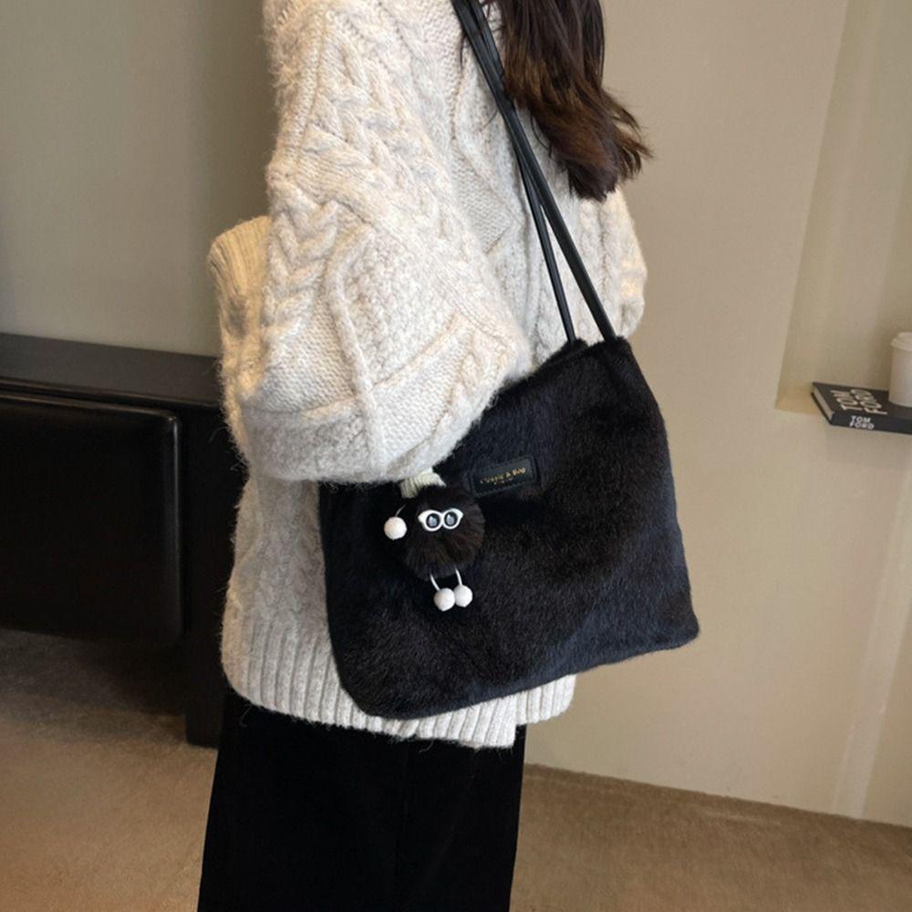 with Handle Furry Shoulder Bag Portable Women's Handbag Large Capacity Plush Tote All-Match