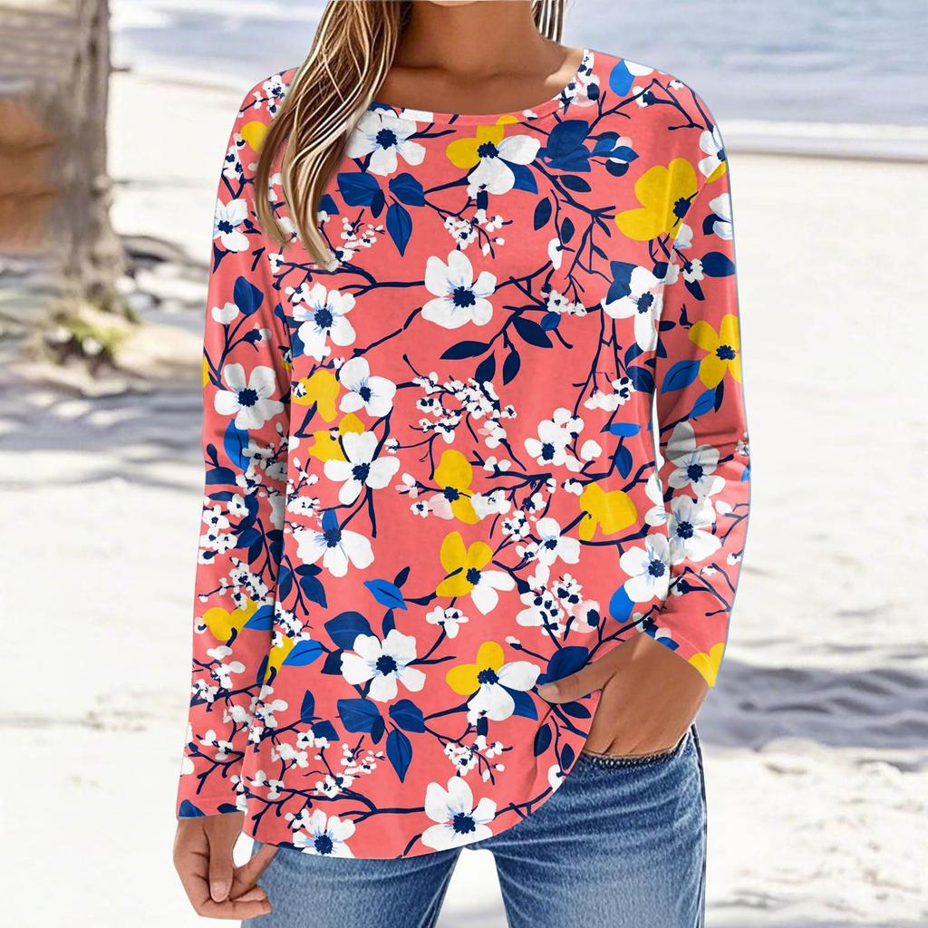 Women's Fashionable Casual Printed Long Sleeved Round Neck Top Round Neck Top Top