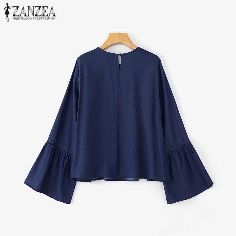 ZANZEA Women Casual Solid Color Round Neck Long Sleeve Blouses