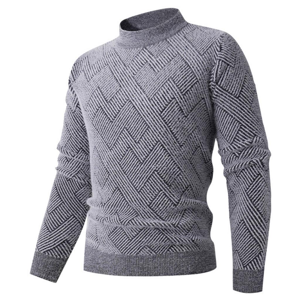 Men's Solid-color Casual Long-sleeved Semi-high-neck Knitted Sweater, Men's Loose Texture Printed Thickened Warm Pullover Sweater