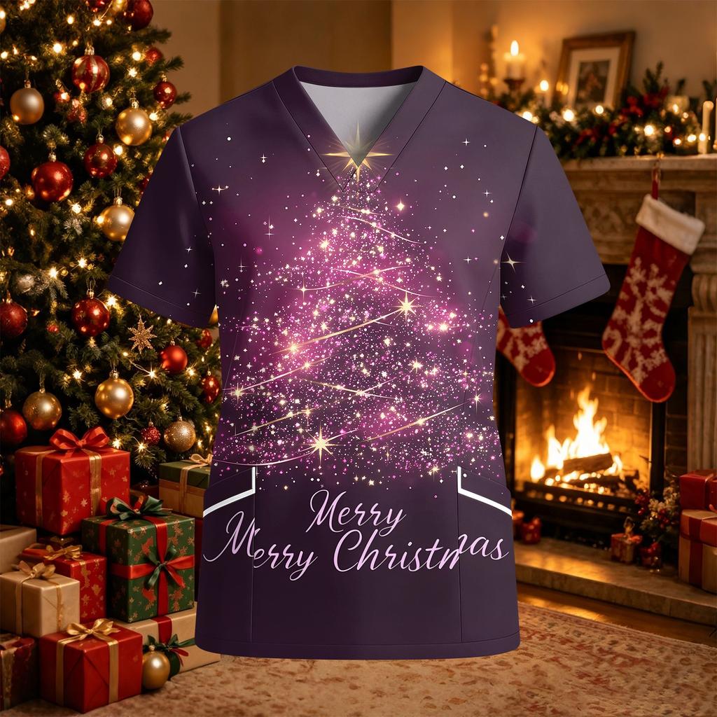 Women's V-Neck Short Sleeve Work Shirt with Pockets and Side Slits Christmas Print