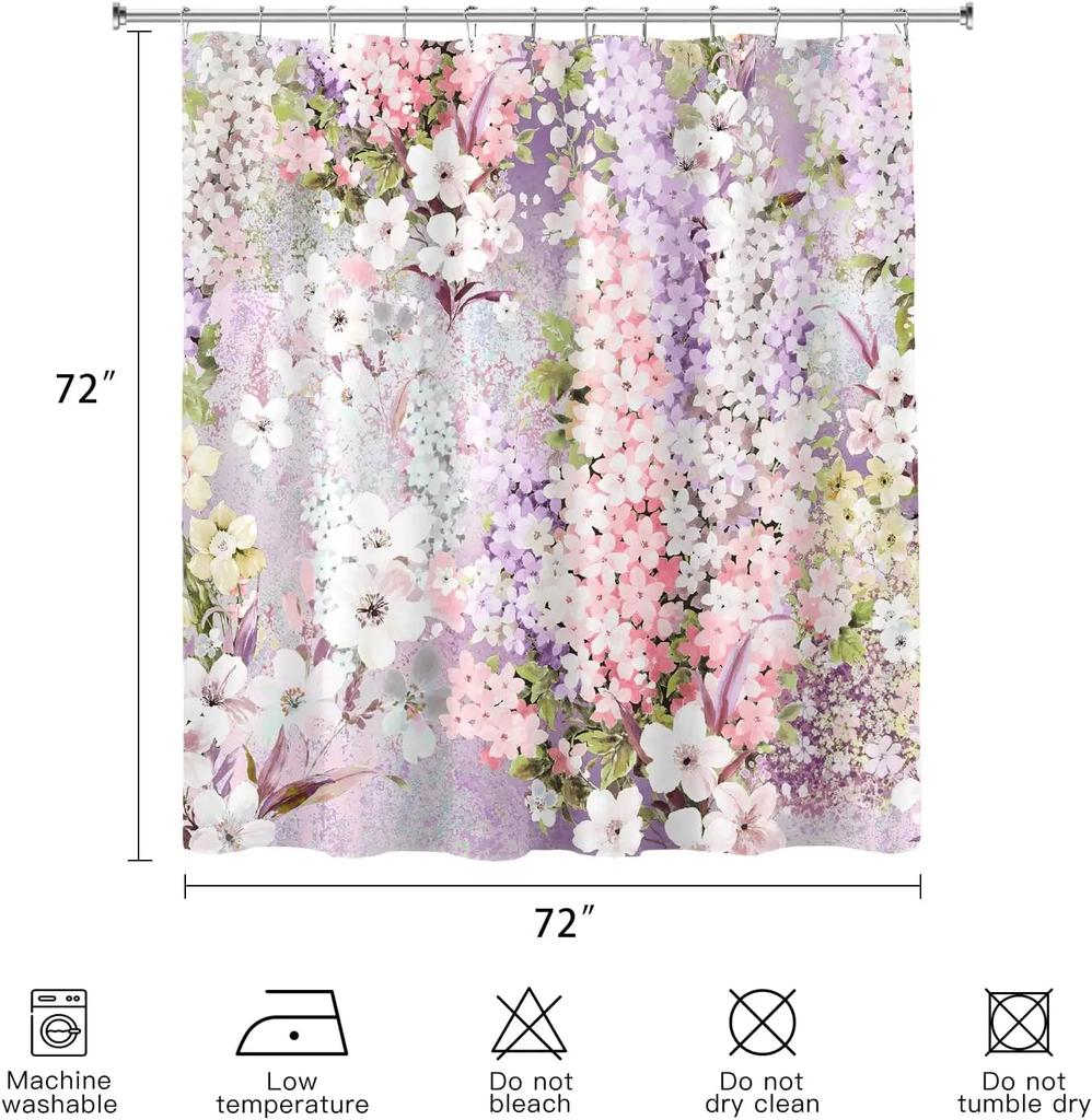 Purple Cute Floral Shower Curtain Color Pink Flower Fabric Bathroom Shower Curtain, Watercolor Cloth Shower Curtain