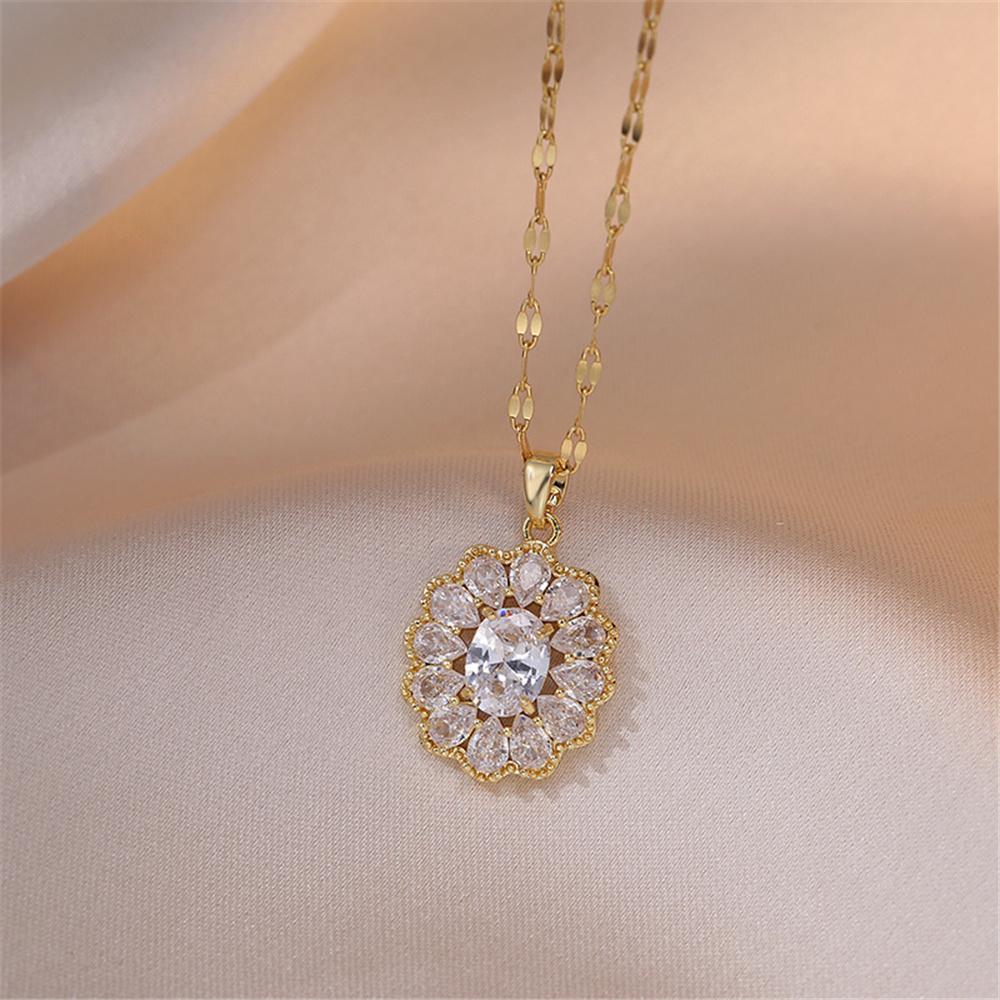 Luxury Female White Pink Zircon Stone Pendant Necklace Vintage Gold Color Wedding Jewelry For Women