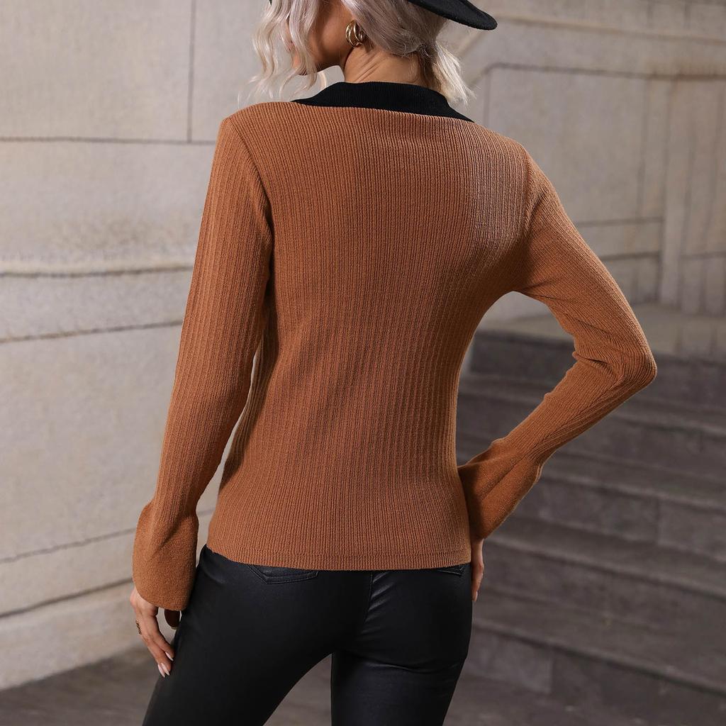 Women's Fashion Pullover Knit Flared Sleeve Lapel Sweater