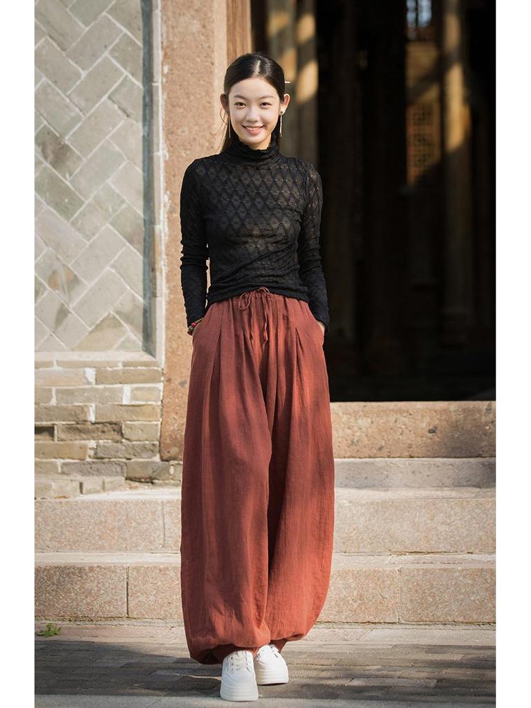 Spodnie damskie typu lampion z bawełny i lnu z elastyczną talią – wiosenno-letnie spodnie casualowe