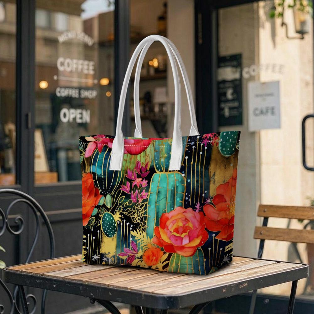 Boho Cactus Floral Print Tote Bag Fashion Casual Large Capacity Daily Shoulder Bag for Women