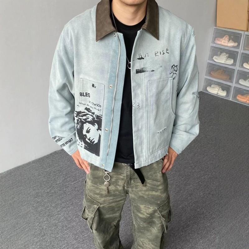 Mens Vintage Washed Workwear Jacket Loose Fit Turn-Down Collar Short Cut Casual Print Outerwear Fall