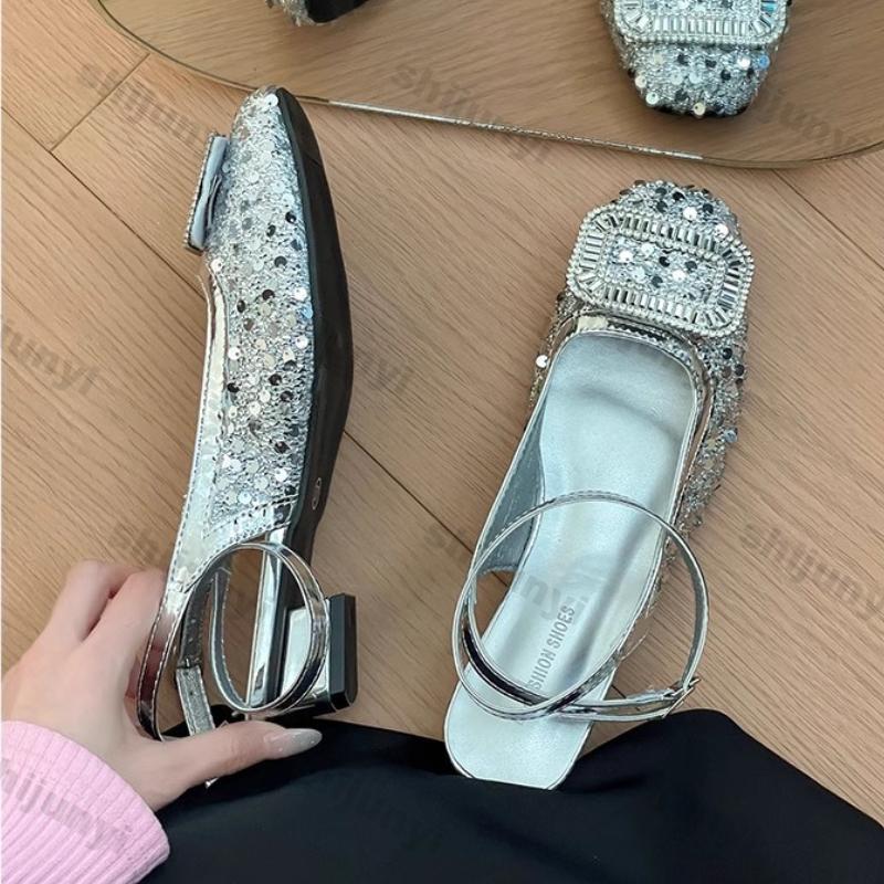 Women Summer Shoes 2025 Summer Rhinestone Round Toe Smedium Heel Sandals Non Slip Buckle Strap Dress Style Women Shoes