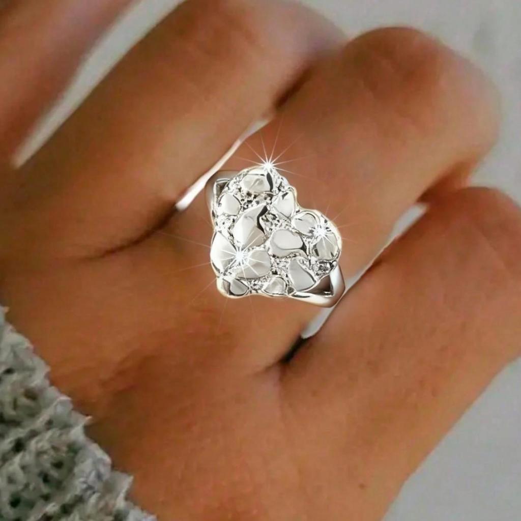 Silver-Plated Heart Bracelet & Concave-Convex Ring Set for Women