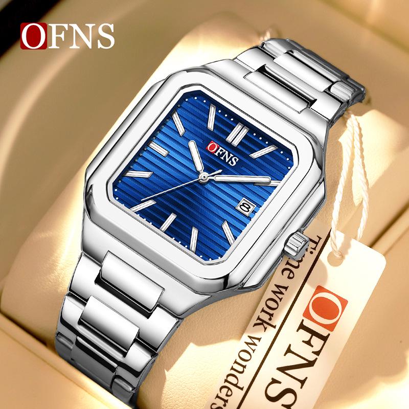 OFNS Luminous Square Steel Band Quartz Watch with Calendar