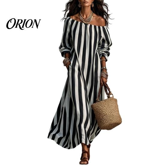 Lightweight Women Dress Summer Striped Long Dress, Off Shoulder Sleeve Casual Ankle Length Loose Swing with Side Pocket Outfit