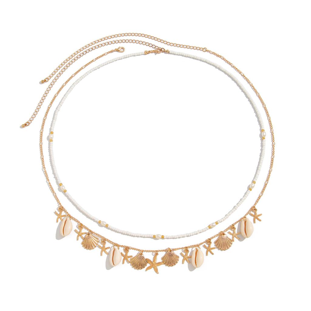 Ocean Fan Shell Starfish Pendant Waist Chain, Beach Resort Rice Bead Beaded Body Chain Female