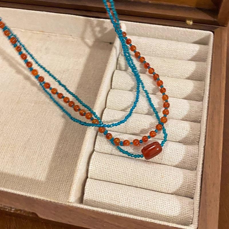 Red Beaded Necklace Women's Retro Atmosphere Versatile Collarbone Chain Summer Niche Design Neck Chain