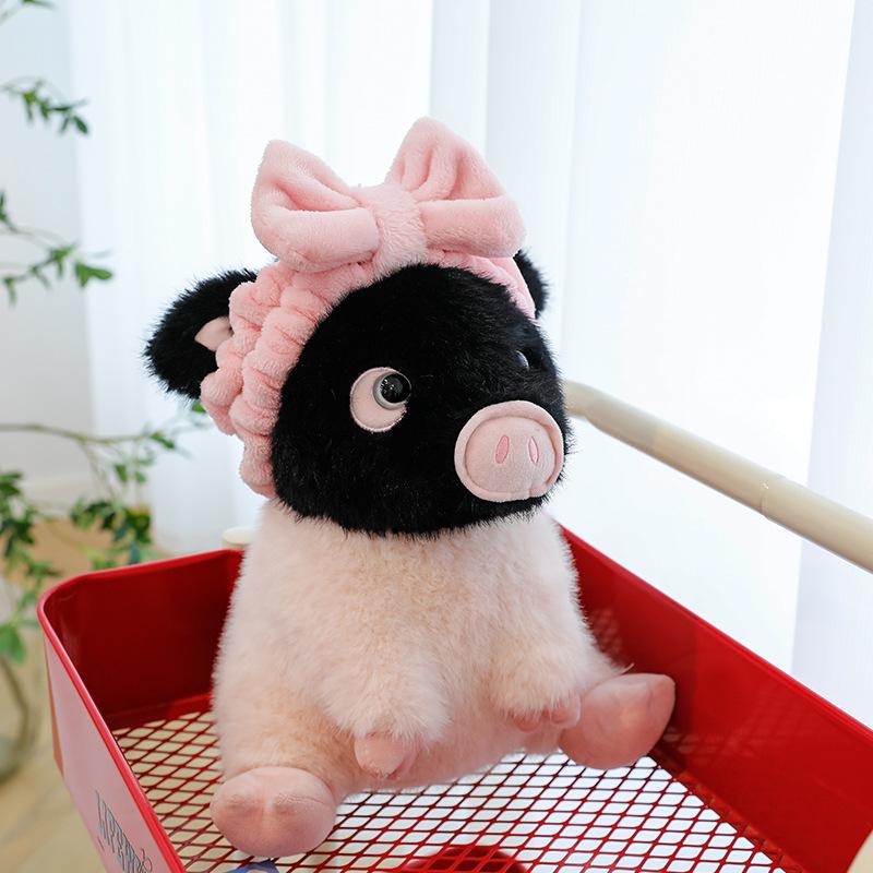 

Black Small Pig Plush Toy Hair Band Bow Cute Children Holiday Throw Doll Pillow 30cm/11.81in