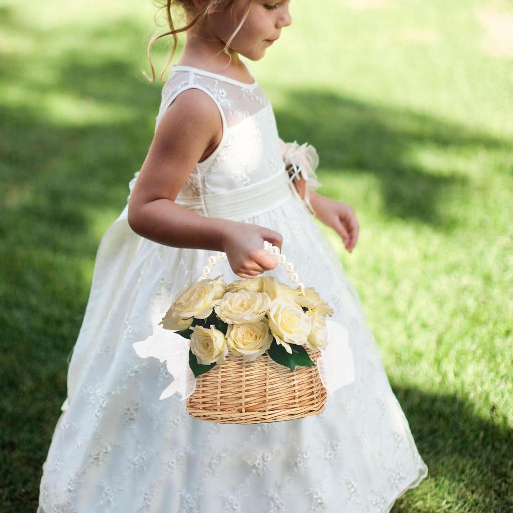 wicker rattan flower child Basket with Pearl handle and bow Hand woven Easter flower basket Wicker basket for Wedding party