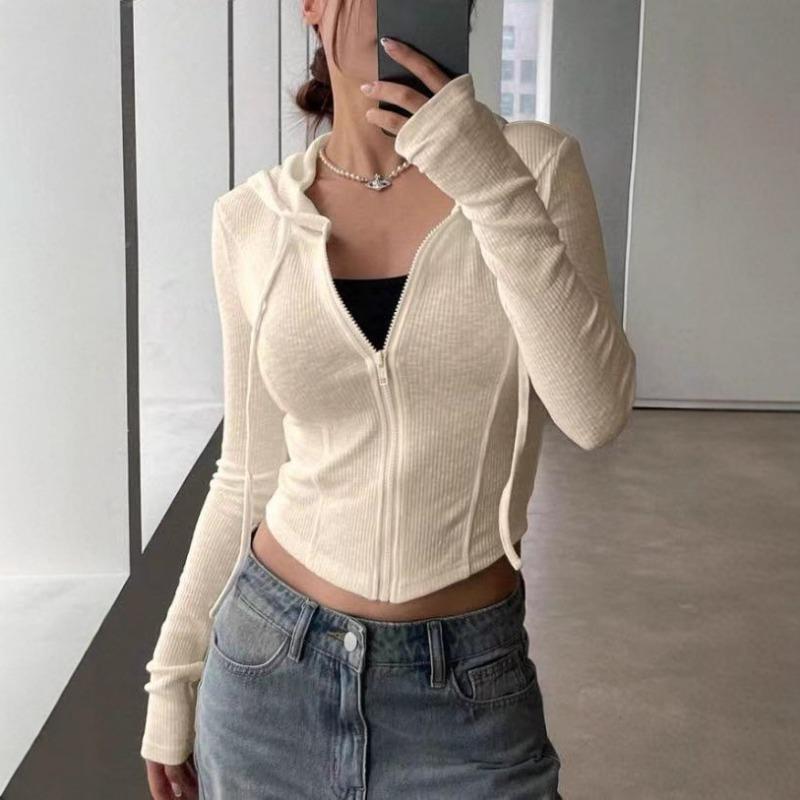 Women S Slim Fit Hooded Zip Up Knit Cardigan Long Sleeve Top