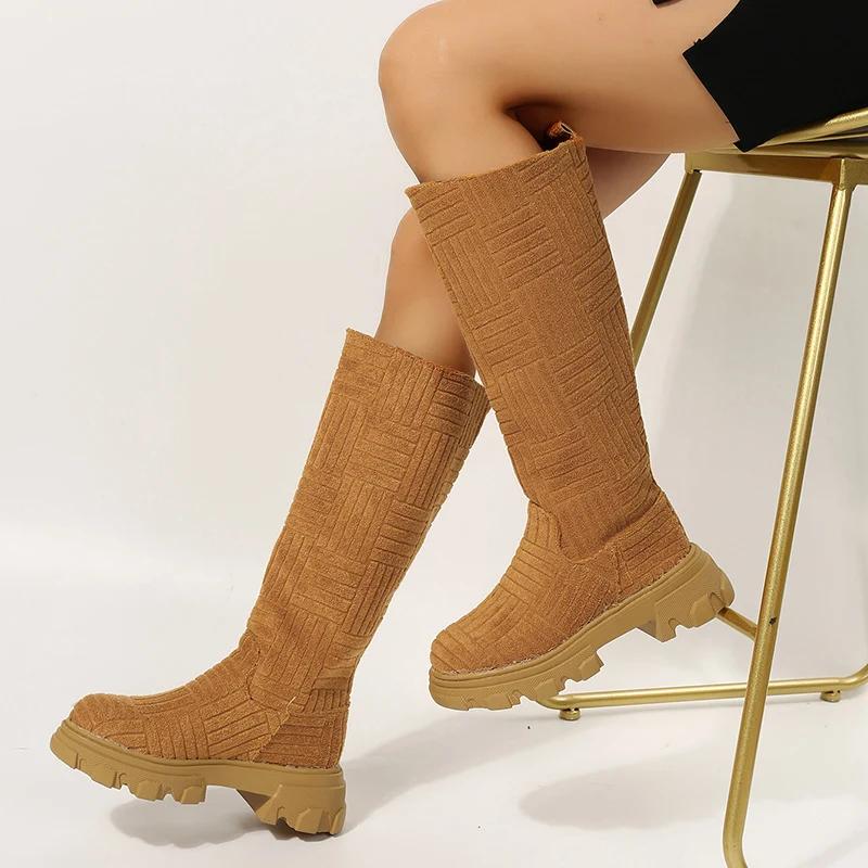 Fashion Plus Size 43 Women Platform Shoes Round Toe Slip-On Knee-high Boots Fashion Anti Slip Thick Sole Mid Heels Botas Mujer