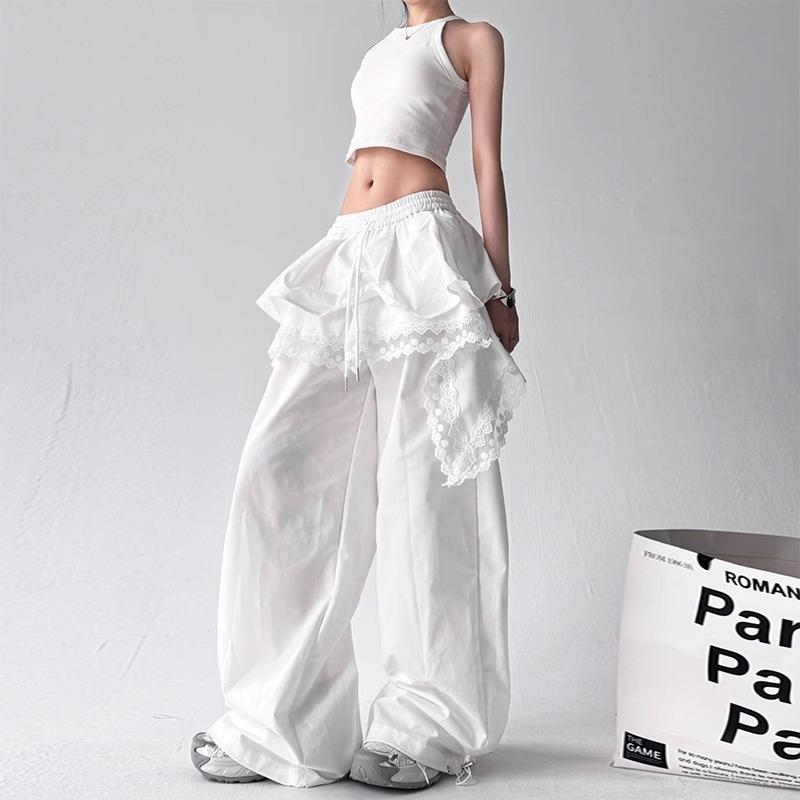 White pants women's summer thin stacked skirt design tooling casual pants women's niche splicing