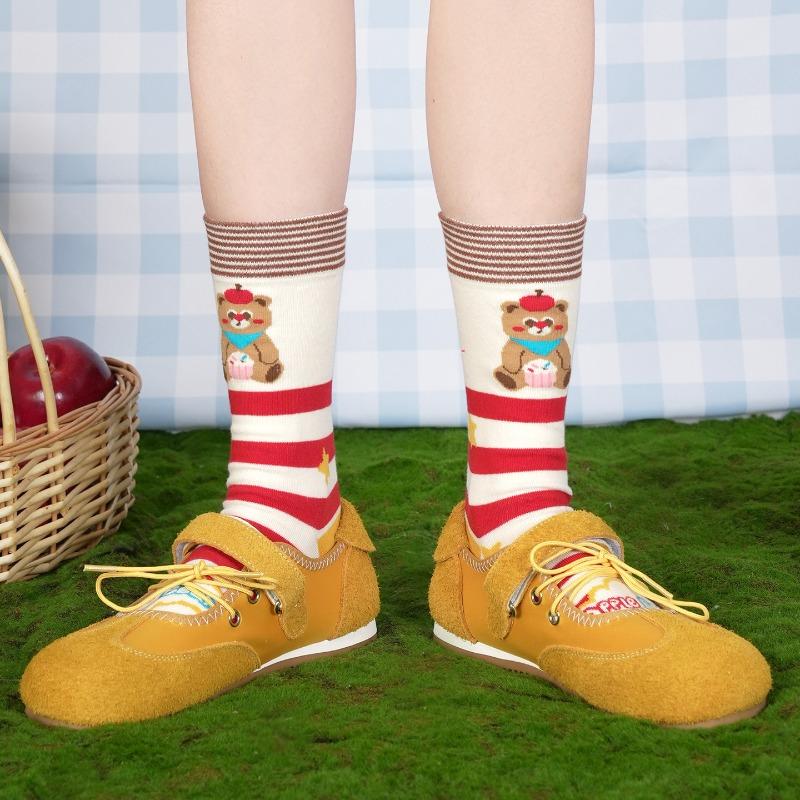 Cute Striped Apple Teddy Bear Mid-calf Cotton Socks - Pile-style Winter/spring Children's Cartoon Sports Socks