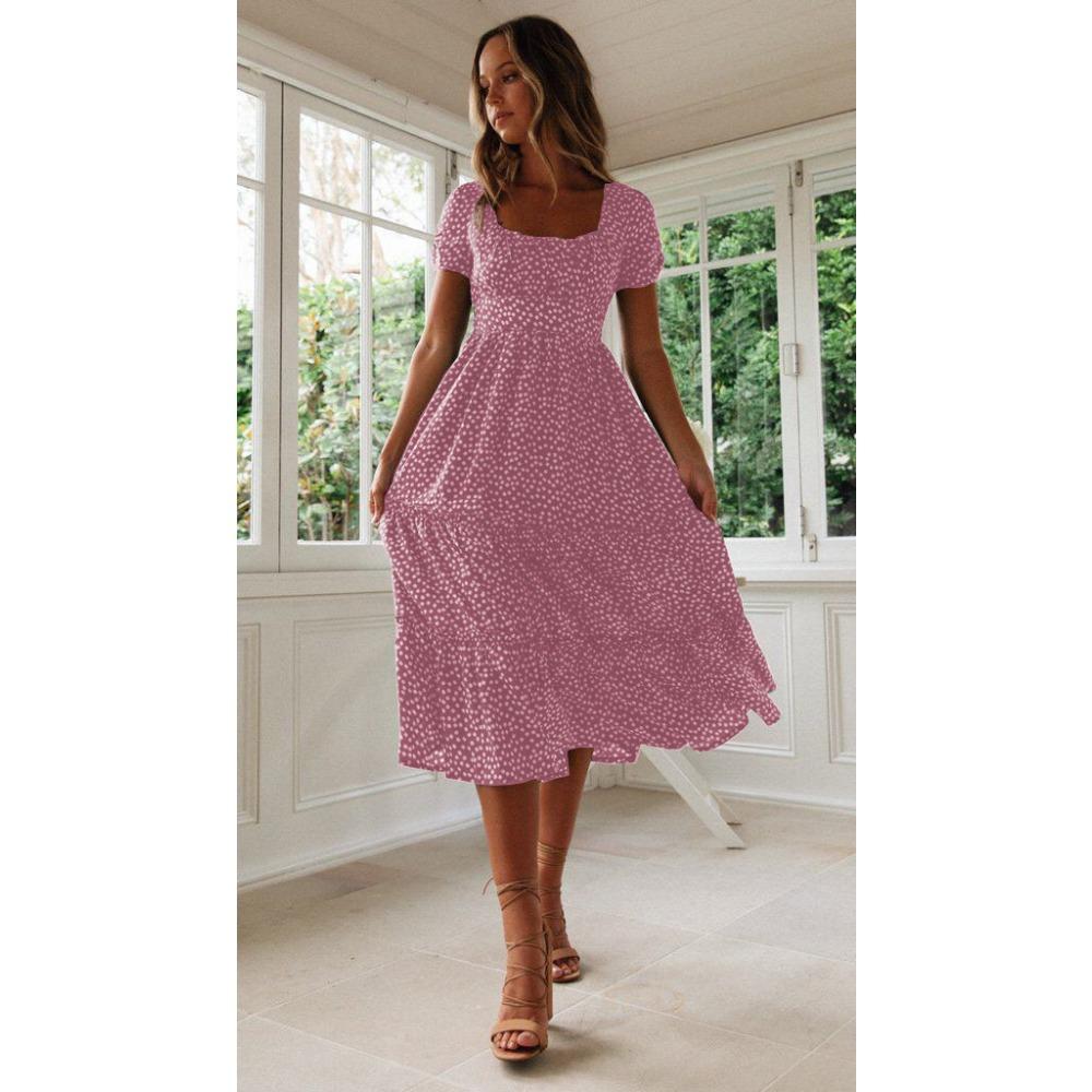 GMXIA Květinové šaty s čtvercovým límcem s bublinkovým rukávem Dlouhá sukně