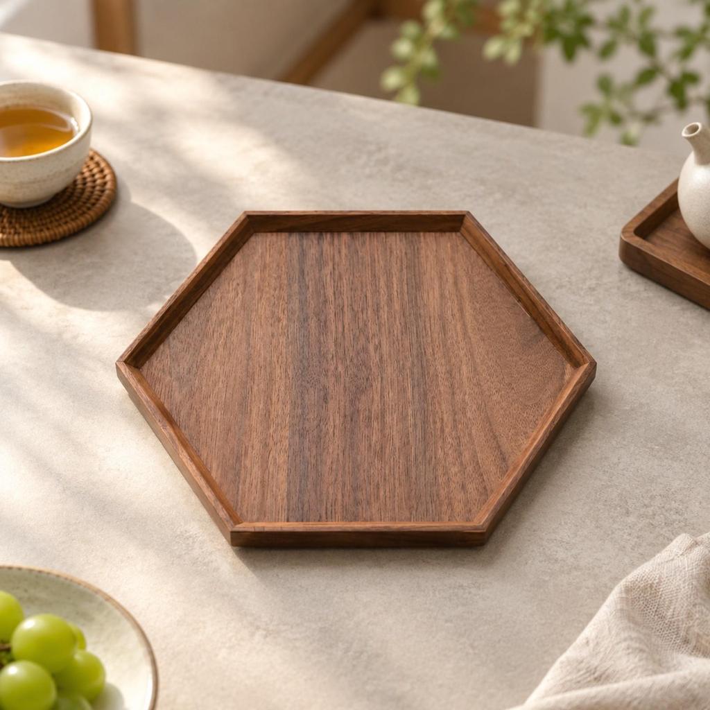Black Walnut Serving Tray Elegant Hexagonal Wooden Space-Saving for