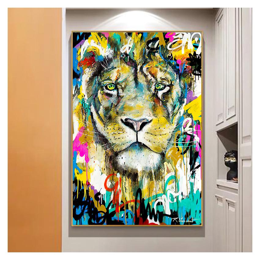 Malerei Graffiti Kunst Poster und Drucke Wand Kunst Bilder für Wohnzimmer Moderne Wohnkultur Bunte Löwe Tiger Tiere Leinwand