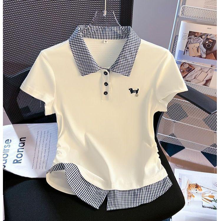 Camiseta de Manga Corta a Cuadros con Solapa para Mujer Talla Grande - Top de Moda Estilo Universitario Adelgazante Verano 2025