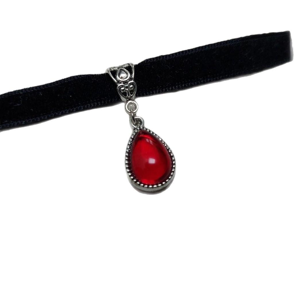 Gothic Vampire Necklace With Red Glass Drop And Silver Embedding For Women
