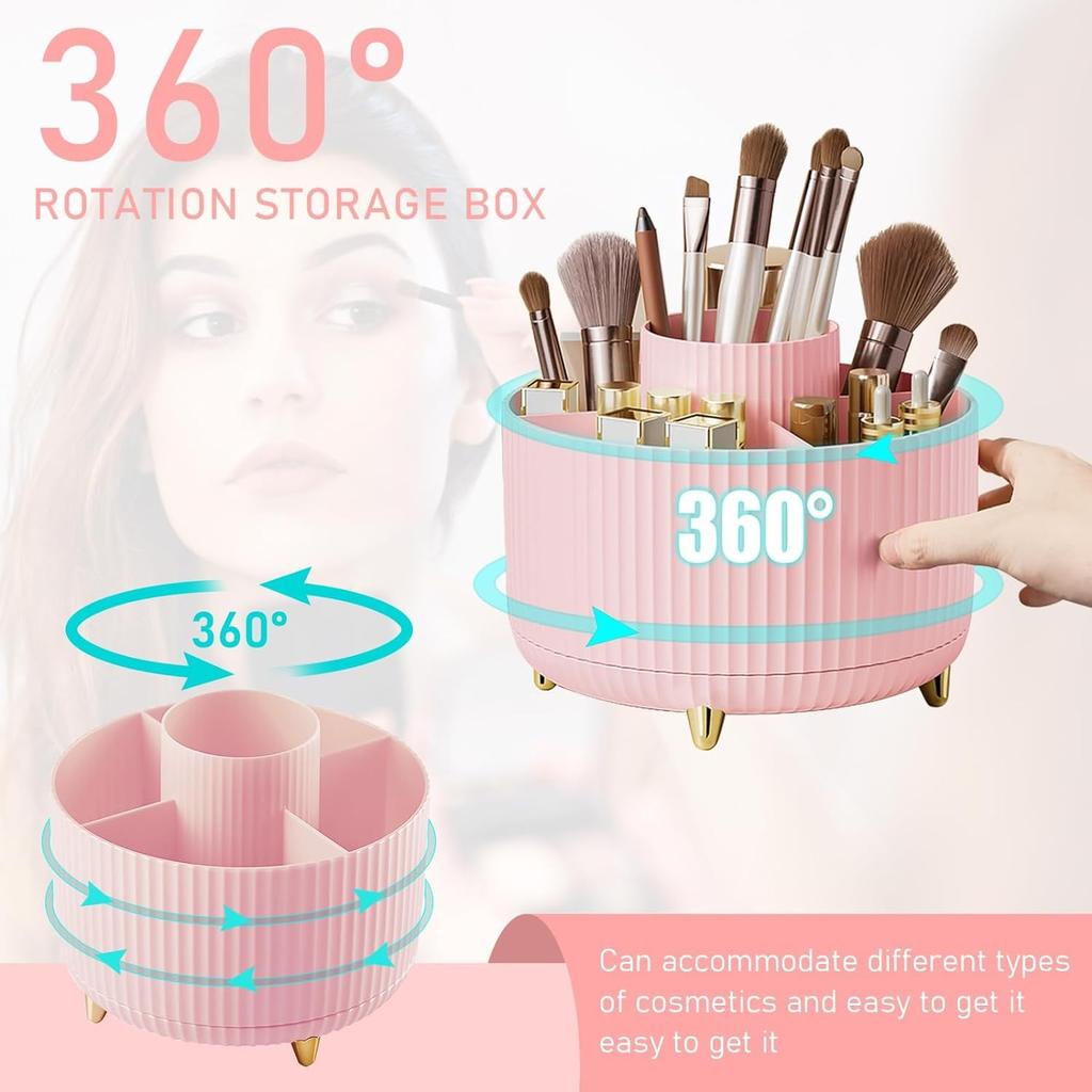 House of Quirk Makeup Brush Holder Organizer, 360° Rotating Cosmetics Makeup Brush Organizer,5 Slot Make Up Brushes Cup For Desktop Organizer (Pi