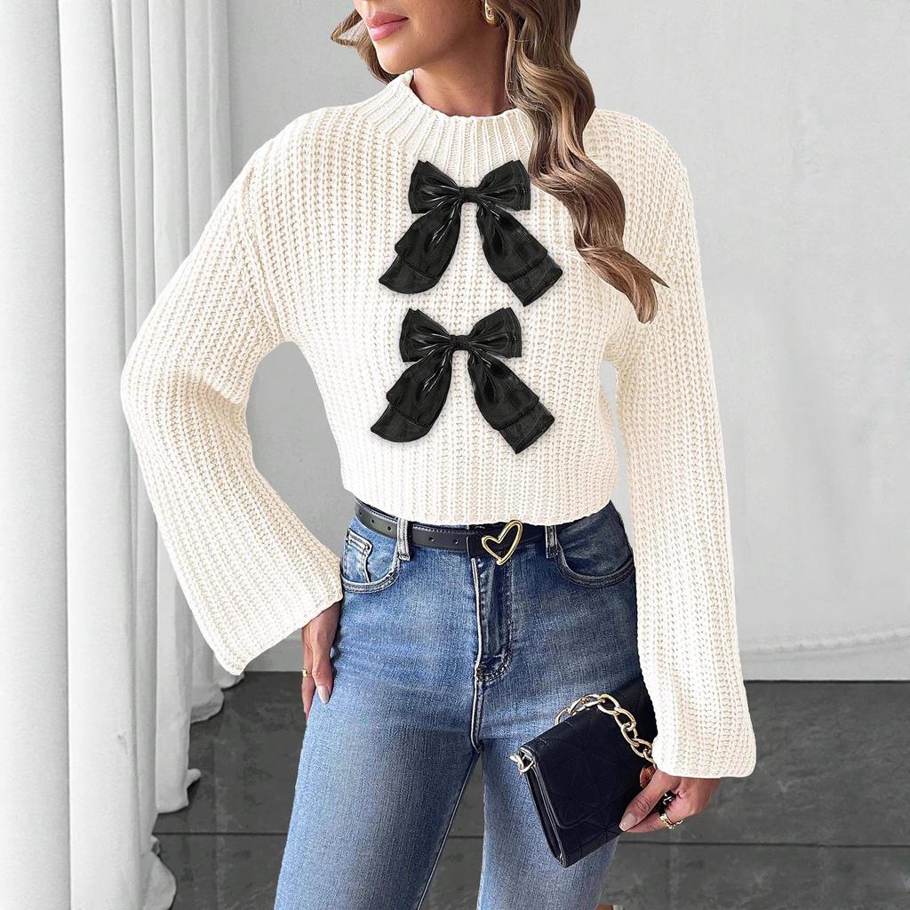 Short Crop Top Sweater with Bow Tie and Flared Sleeves, Semi-high Neck Pullover Sweater for Women