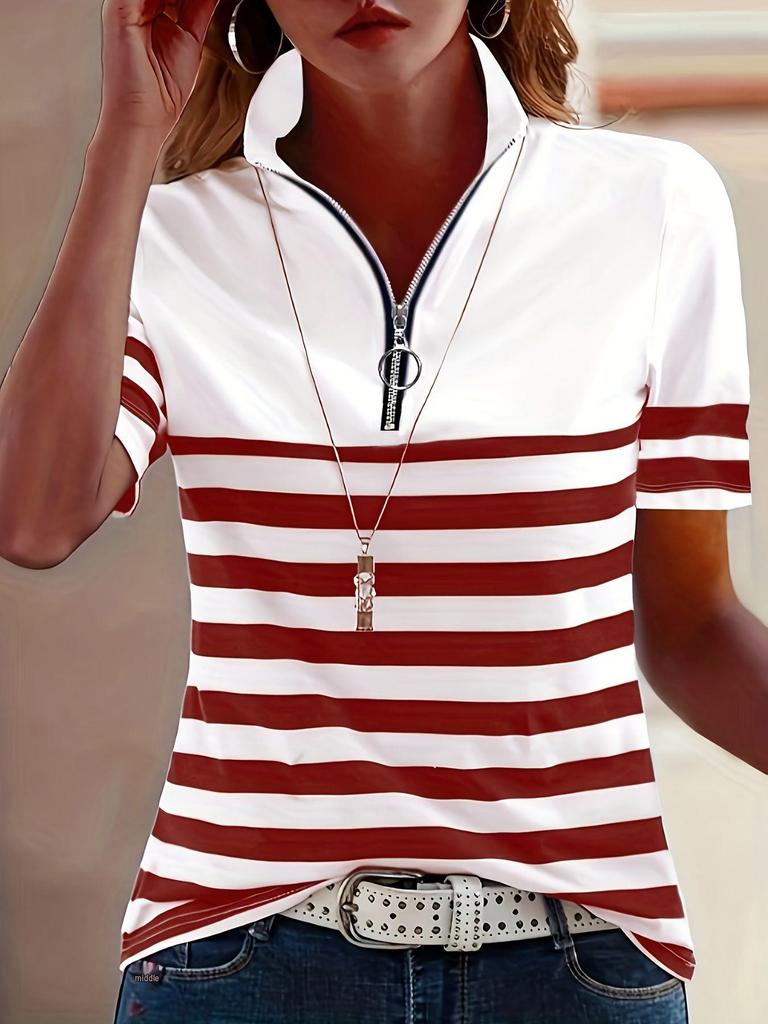 European and American Striped Polo Collar Short Sleeve Women's Autumn T-shirt - Versatile and Fashionable.