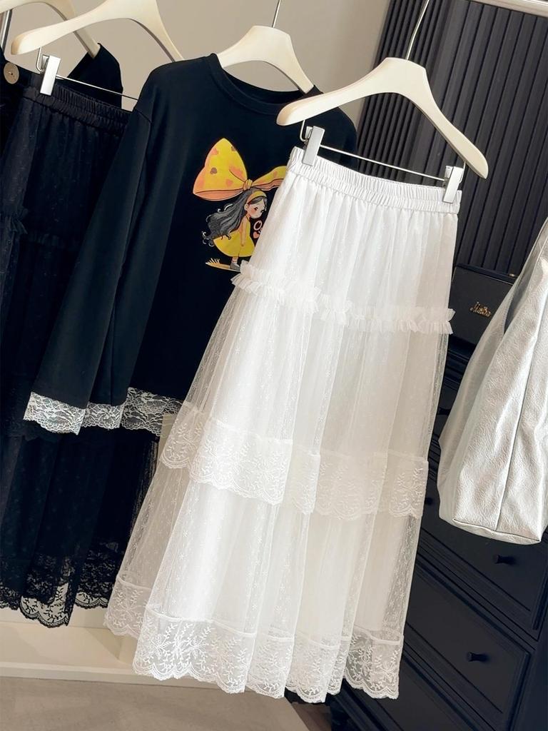Women's Sweet Style French Lace Patchwork Mesh A-line High Waist Midi Skirt