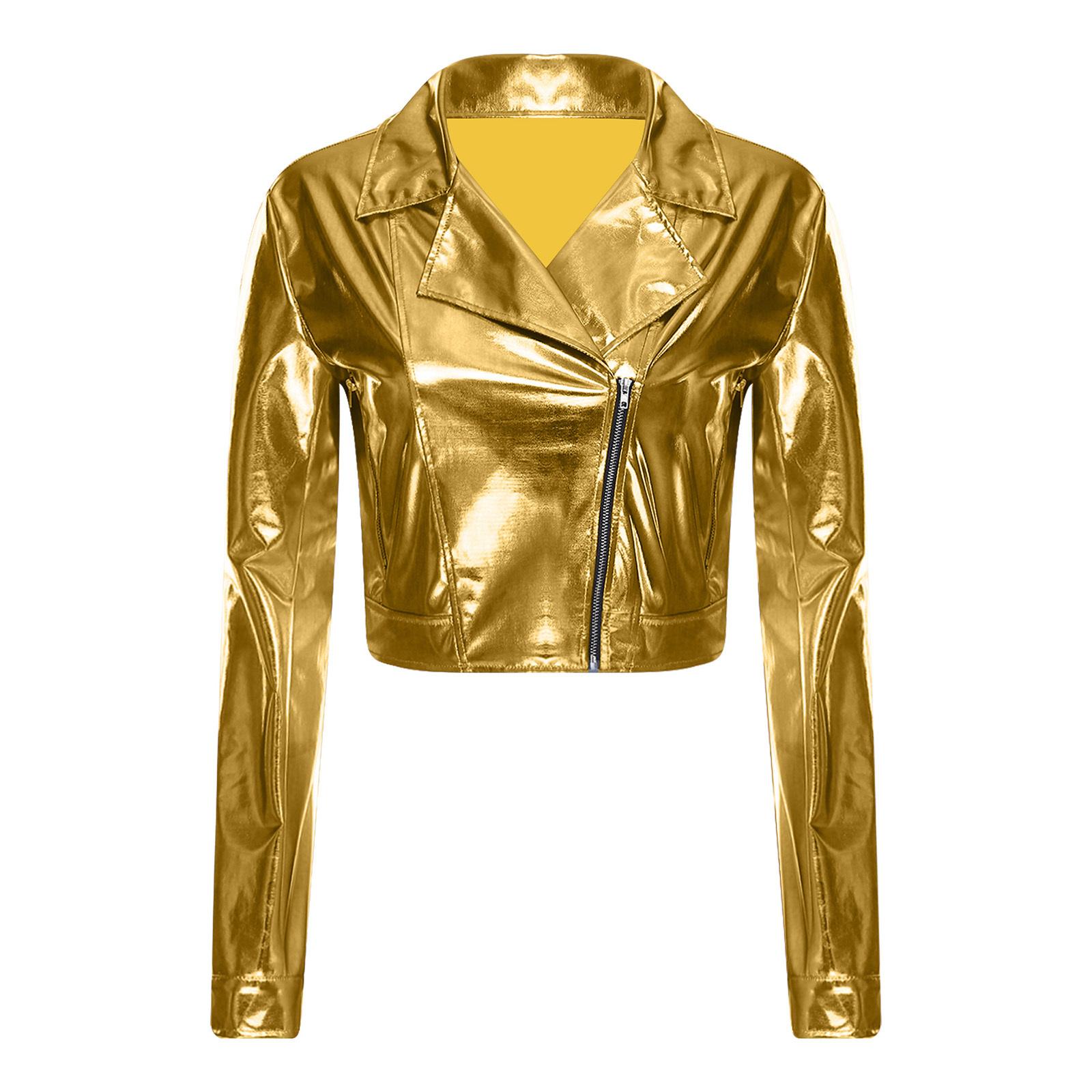 

Womens Glossy Crop Jacket Notch Lapel Long Sleeve Side Zipper Club Outerwear XXL золотий