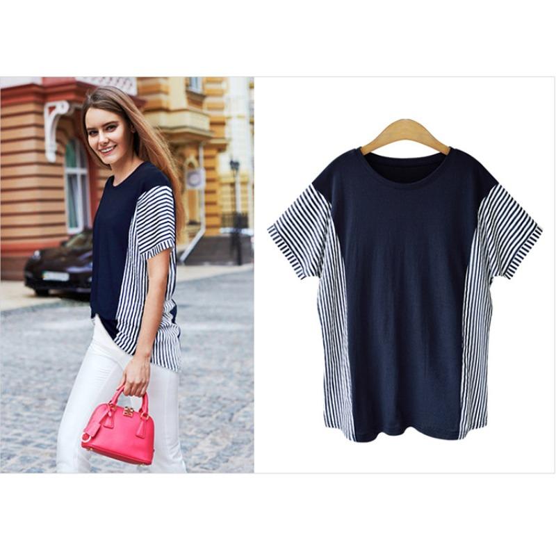 Summer Women's Striped Short-sleeved T-shirt Thin Loose-fitting Large-size Women's Top 200 Kilogram Fat Mm Slim Shirt