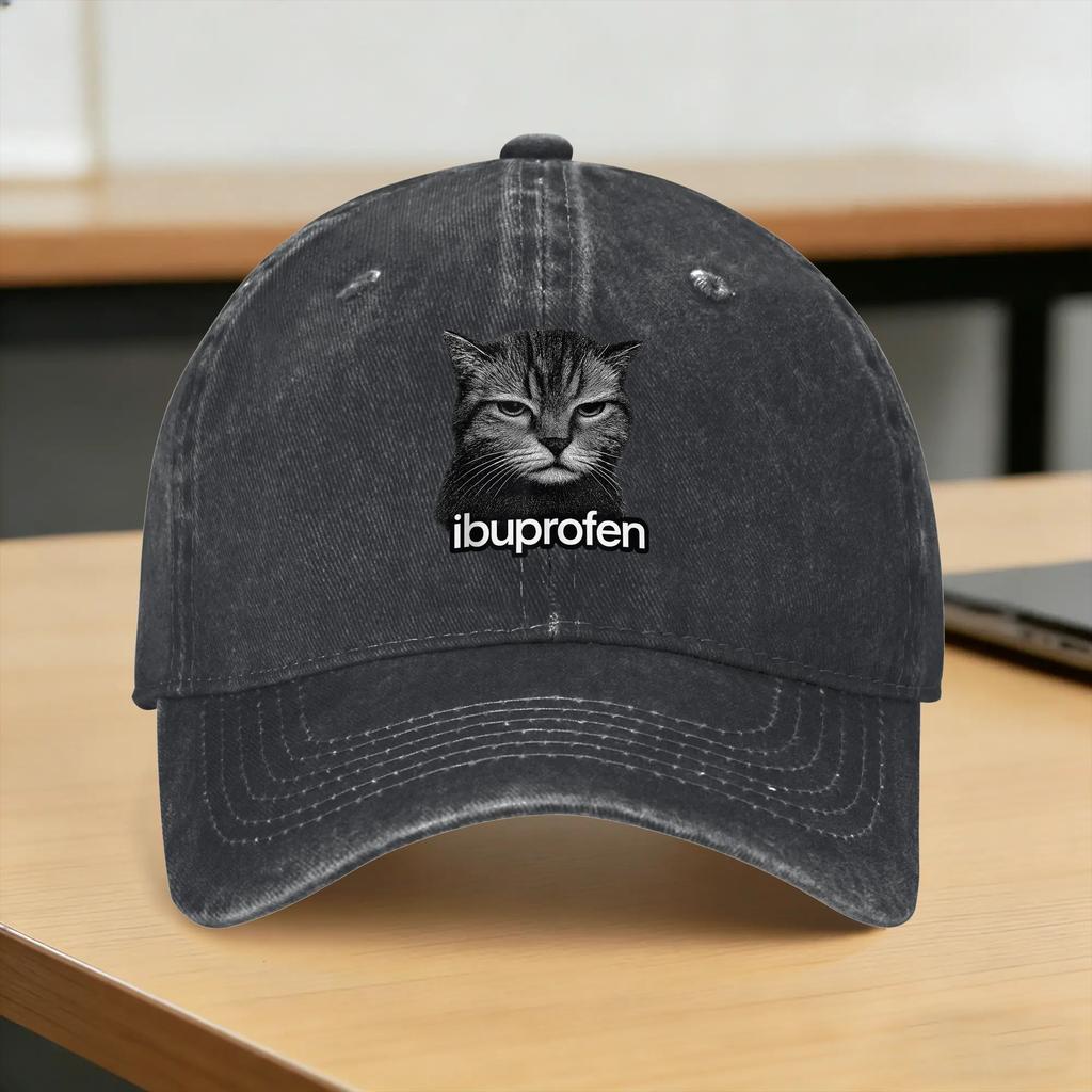 Washed Baseball Cap Funny Ugly Cat Face Ibuprofen Cat Meme Humor Spring Trucker Hat For Unisex Adult Yk Cool Rock Sun Snapback Cap