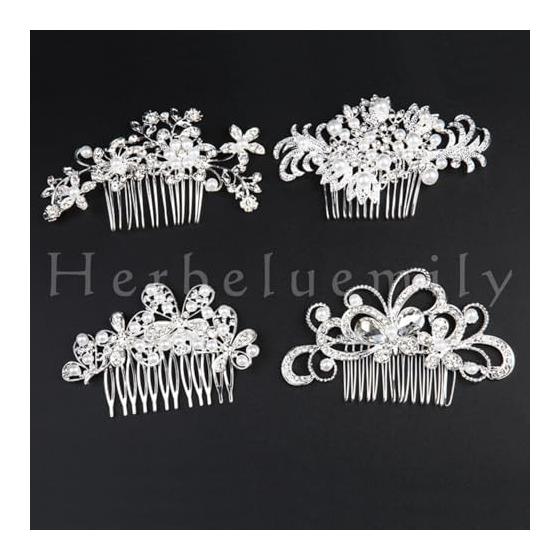 Herbeluemily Hair Comb Hairpin Hair Accessories Pearl Hair Ornaments Formal Party Hair Silver B HM-0148-R06-B Elegant Glamorous Updo Wedding Bridal