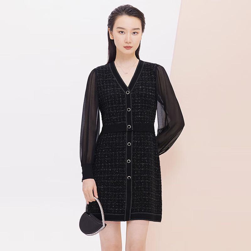 

JESSIE Women s Tweed Plaid Patchwork V-Neck A-Line Dress L