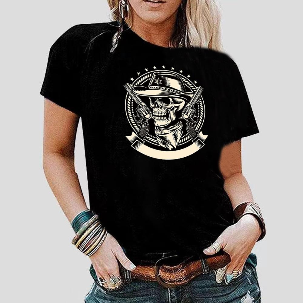 2023 Fashion Trend New T-shirt Skull Printed Female O-neck T Shirt Casual Harajuku Crew Neck  Ladies Tshirt Hip Hop Streetwear