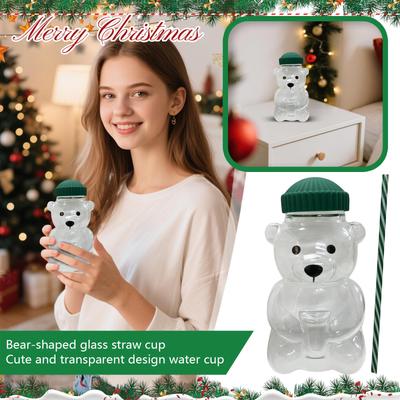 Bear-Shaped Straw Cup: Cute Transparent Design, Green Hat Water Cup