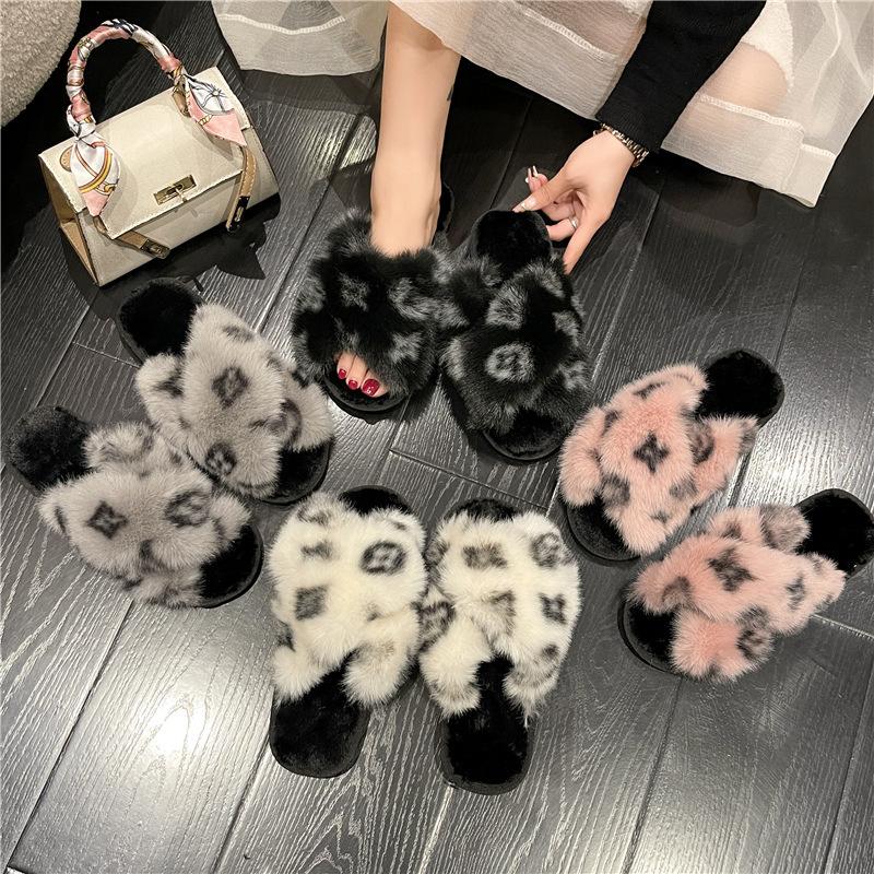 Amazon cross leopard print fluffy slippers autumn and winter warm home indoor flat bottom fashion floor cotton slippers