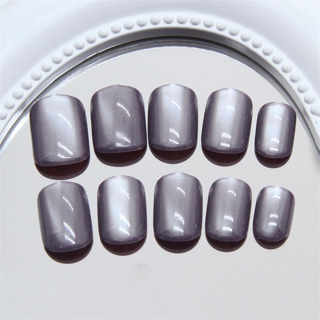 24 Pieces Press on Nail Gray Purple Cat Eye Short False Nail Easy To Apply Fashionable Manicure For Busy Women