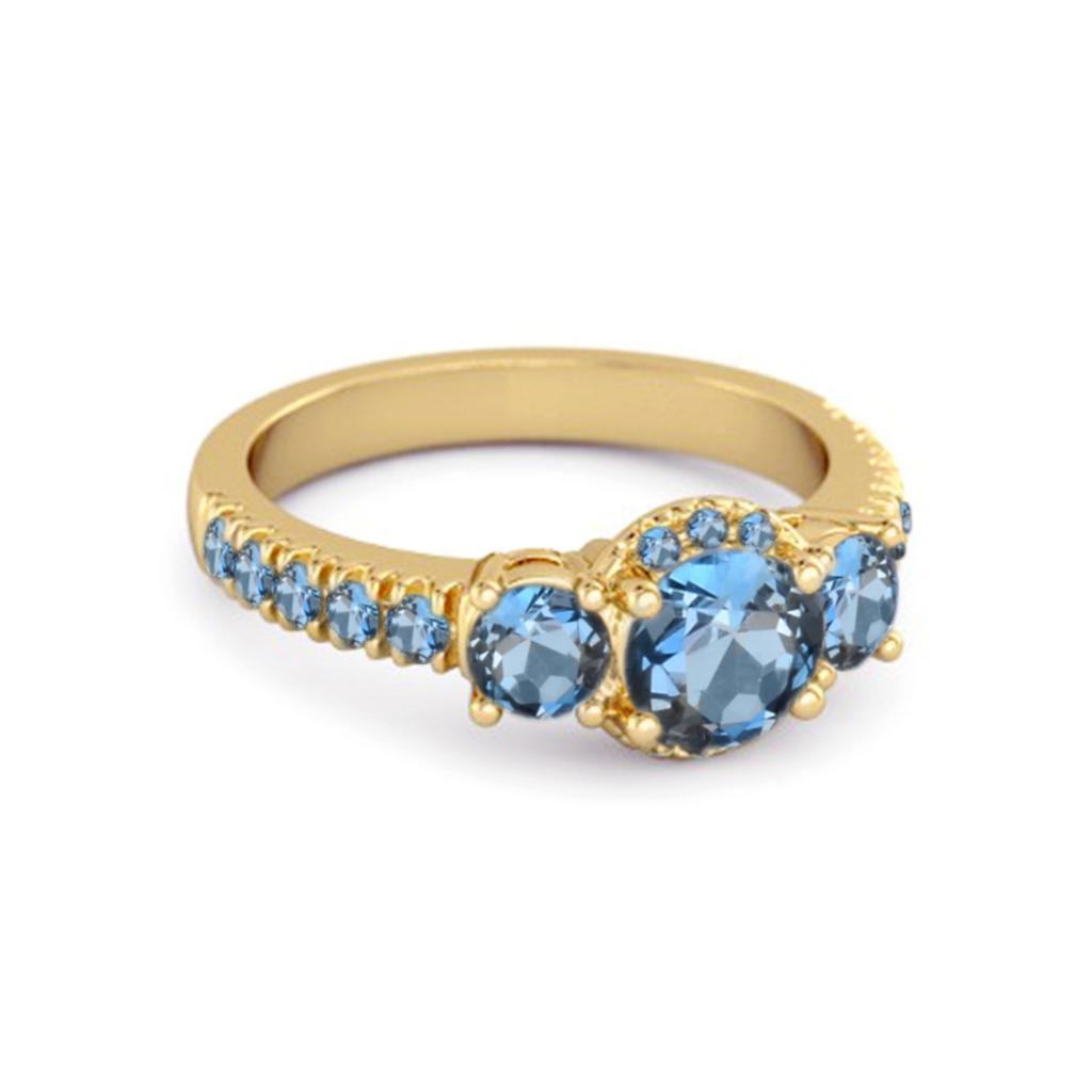 London Blue Topaz Three- 925Stone Halo Pave Band Ring - 925 Sterling Silver Gold Vermeil