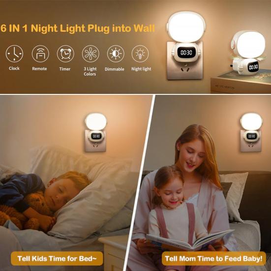 LED Night Light Plug-in with Clock Remote Control Flicker Free Eye Protection 3 Light Colors Dimmable Night Lamp
