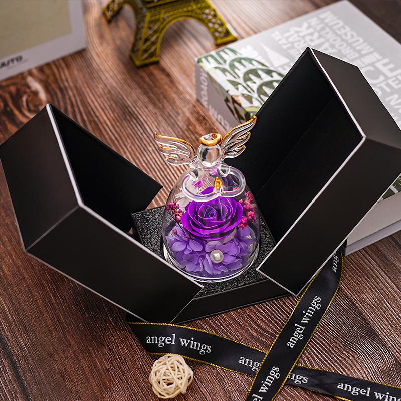 Szklana Kopuła z Aniołem i Zachowanymi Różami - Wieczne Kwiaty Zestaw Prezentowy na Walentynki, Dzień Matki, Boże Narodzenie, Święto Dziękczynienia, Ukończenie Szkoły