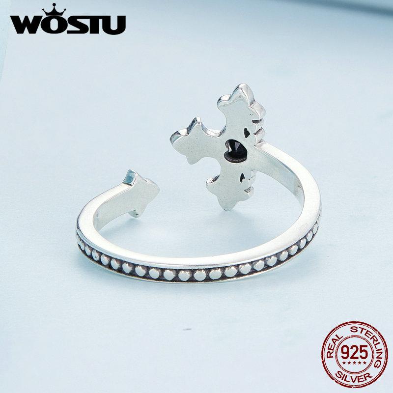 WOSTU Real 925 Sterling Silver Punk Jewelry Retro Cross Open Ring For Women Cool Black CZ Statement Adjustable Rings Party Gift