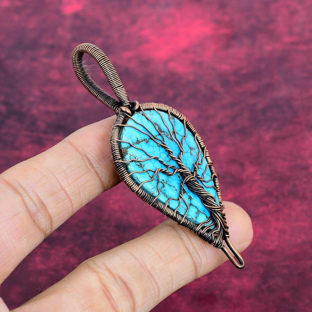 Tree Of Life Tibetan Turquoise Pendant Copper Wire Wrapped Gemstone Jewelry
