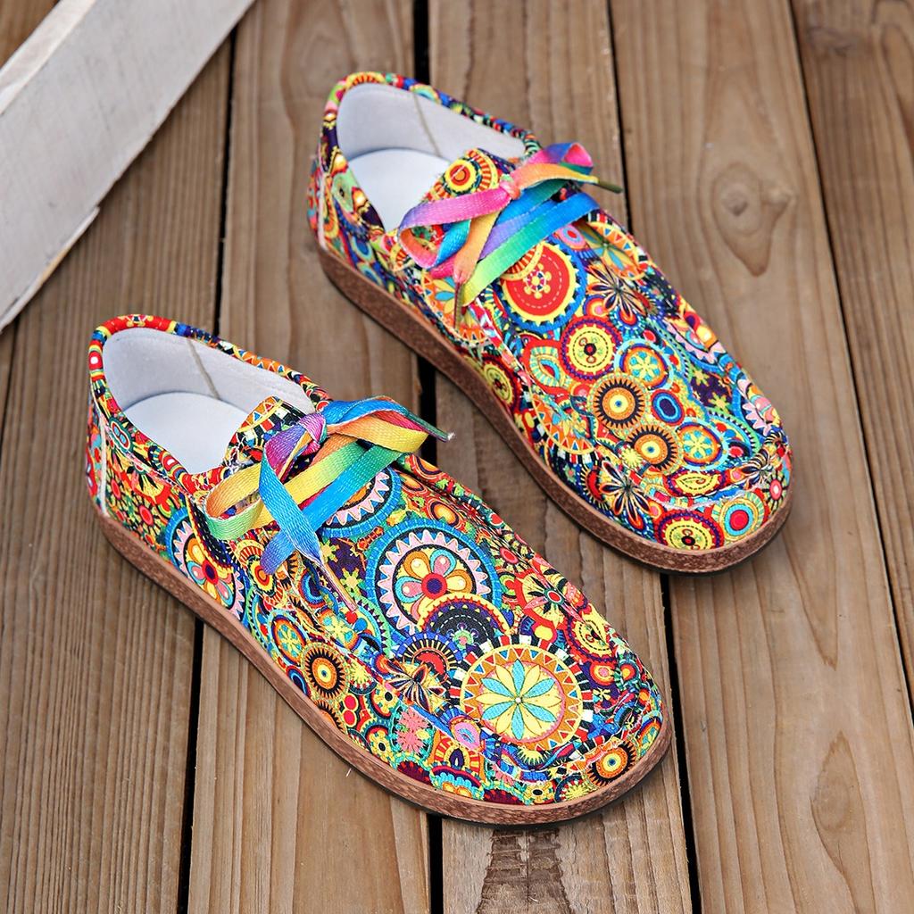 Spring Autumn Women's Cloth Shoes Ethnic Colorful Printed Canvas Shoes Female Fashion Flat Platform Casual Shoes Moc-Toe Loafers